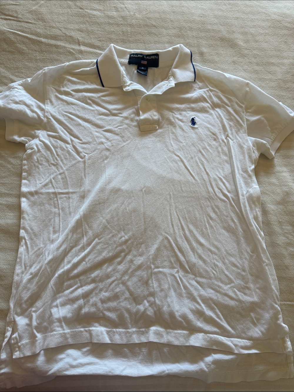 Ralph Lauren White Polo with Navy Logo and Collar Trim